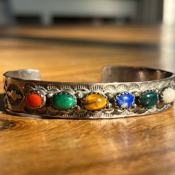 Native American VINTAGE Jerry Bahe Bracelet 6” Multi‎ Stone SSilver cuff 20.43g